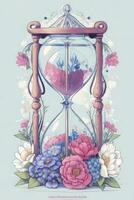 Watercolor illustration of an hourglass with colorful flowers on a blue background. AI Generated. photo