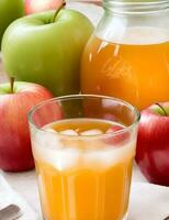Apple juice and fresh apples on wooden background. Selective focus. ai generated photo