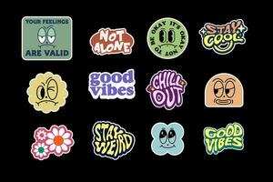 Sticker set Cute vector template decorated with cartoon image and aesthetic quotes graphic design