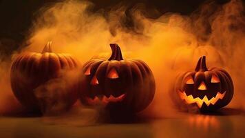 halloween pompoen Aan een donker achtergrond met rook in de omgeving van het video