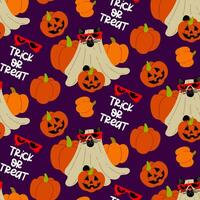 A pattern of a cat in a sheet for Halloween with a pumpkin with a carved muzzle on a purple background. A black cat with glasses with bloody smudges. Flat vector illustration. Text Trick or treat