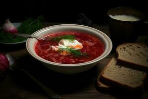 rojo sopa de remolacha con agrio crema. ai generado foto