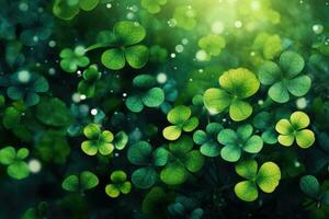 Shamrocks on a green background celebrate St. Patrick's Day.. AI generated photo