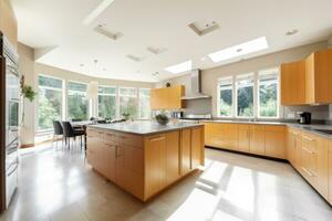 el interior de un grande moderno brillante cocina con un alto techo y panorámico ventanas ai generado foto