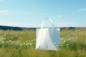 A white fabric picnic bag stands in a field in the grass with flowers. AI generated photo