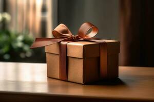 Brown square box with ribbon and bow. AI generated photo