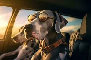 A Great Dane dog in sunglasses rides in a car. AI-Generated photo