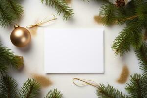 Layout of a white card postcard with a gift box near the Christmas tree with a garland. AI Generated photo