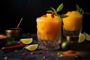 Frozen cocktail of mango sherbet, Mexican sauce and chili pepper powder with lime slices. AI Generated photo