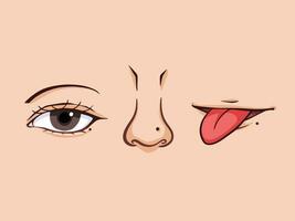 Eye, Nose, and mouth with tongue out. Each have one mole around. Human face part for vision, smell, and taste vector illustration isolated.