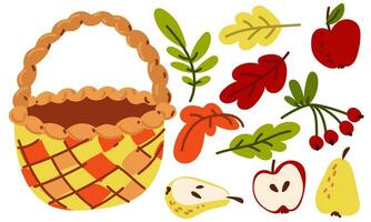 Autumn wicker basket with autumn leaves, berries, fruits in the analysis. A set of individual elements on a white background. Vector flat illustration of autumn weather. Sticker, postcard collection