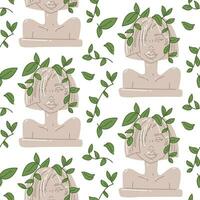 A pattern with a flower pot in the form of a female portrait of an antique Greek sculpture in a modern style. Modern female sculpture, portrait with a wicker plant. Vector illustration on a white