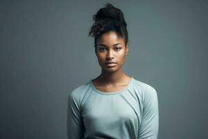 African woman studio photo with curly hair. Generate Ai