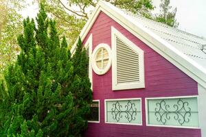 un estilo ingles casa con púrpura paredes, ventanas debajo frente escaleras, y sombreado por arboles crea un único y atractivo ambiente foto