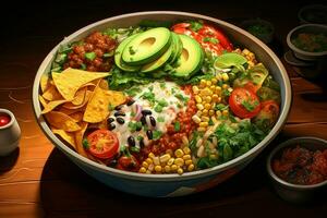 Aromatic Bowl mexican rice meat. Generate Ai photo