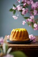 amarillo vidriado bundt pastel. que cae Cereza florecer flor pétalos primavera conjunto arriba. Pascua de Resurrección temática bundt pastel. foto