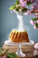 Cropped hand dusting sugar powder on top of the bundt cake. Behind is cherry blossom tree branch with blooming flowers. Spring set up. Easter themed bundt cake. photo