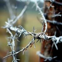 Rusty Barbed wire field closeup. Generate Ai photo