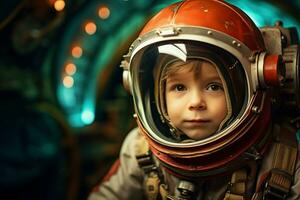 Curious Astronaut spaceship space child boy. Generate Ai photo