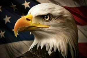 A commanding bald eagle is the main focus, placed in front of the flag representing American states. Generate Ai photo