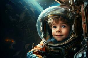 Pioneering Astronaut spaceship space child boy. Generate Ai photo