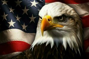 The stately bald eagle stands proud against the meaningful patterns of the American states flag. Generate Ai photo