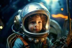 Daring Astronaut spaceship space child boy. Generate Ai photo