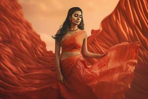 Indian woman flowy saree. Generate ai photo