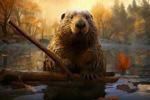 Playful Beaver river animal wild. Generate Ai photo