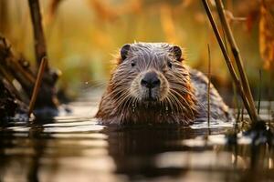 Persistent Beaver river animal wild. Generate Ai photo