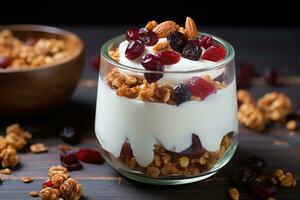 Granola in a glass with yogurt. AI generated photo