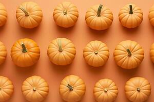 Small orange decorative pumpkins, top view. AI generated photo