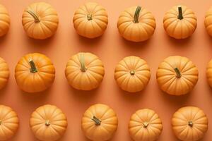 Small orange decorative pumpkins, top view. AI generated photo