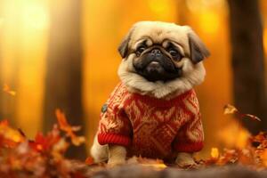 A Pekingese dog is sitting in an autumn forest in a warm sweater. AI generated photo
