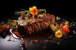 Beef steak with rosemary. AI generated photo
