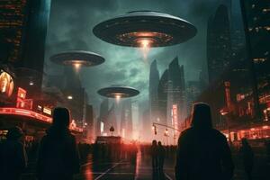 Extraterrestrial aliens in a city. Generate Ai photo