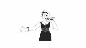 Caucasian female singer vocalist holding microphone bw outline 2D character animation. Singing concert monochrome linear cartoon 4K video. European woman animated person isolated on white background video
