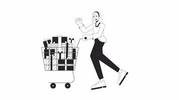 Excited woman pushing shopping cart bw outline 2D character animation. Shopping trolley pile present monochrome linear cartoon 4K video. Black Friday girl animated person isolated on white background video