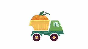 Harvest truck riding along 2D object animation. Thanksgiving season. Pumpkin delivery flat cartoon 4K video, transparent alpha channel. Vegetable vehicle driving animated element on white background video