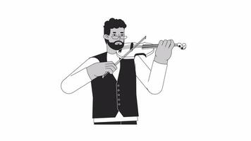 Violinist playing with violin bow bw outline 2D character animation. Perform monochrome linear cartoon 4K video. African american bearded man fiddle player animated person isolated on white background video