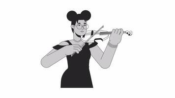 negro hembra violinista jugando musical instrumento bw contorno 2d personaje animación. violín jugar monocromo lineal dibujos animados 4k video. africano americano dama animado persona aislado en blanco antecedentes video