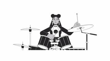 Latin american female musician playing drums bw outline 2D character animation. Drummer woman holding sticks monochrome linear cartoon 4K video. Performer animated person isolated on white background video