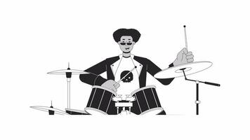 Sunglasses drummer artist beating drum sticks bw outline 2D character animation. Rockstar monochrome linear cartoon 4K video. Drums playing latin man animated person isolated on white background video