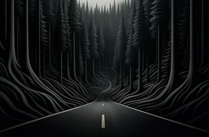 Landscape with empty road through woods. Travel. Created with Generative AI photo