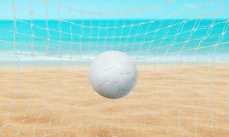 Beach landscape with soccer ball, summer season and water and blue sky background. photo