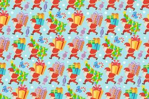 Gnomes carrying gift boxes and Christmas trees, seamless pattern. Cartoon Christmas repeating pattern with gnomes, gifts and candy. vector