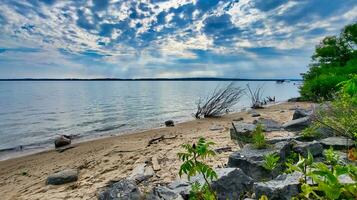 Grand Traverse Bay, Michigan shore on a partly cloudy day photo