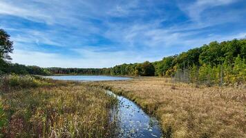 Beautiful Fall Hike at Chain of Lakes Trail in Dexter Township, Michigan photo