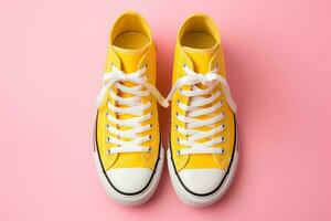 New pair of yellow woman sneakers on pink background. Lifestyle, sneaker sport shoe. Top view photo