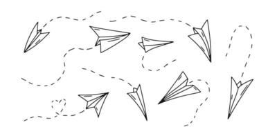 Vector paper airplane. Outline flying planes with dotted track direction. Travel or message symbol. Black linear paper plane icon